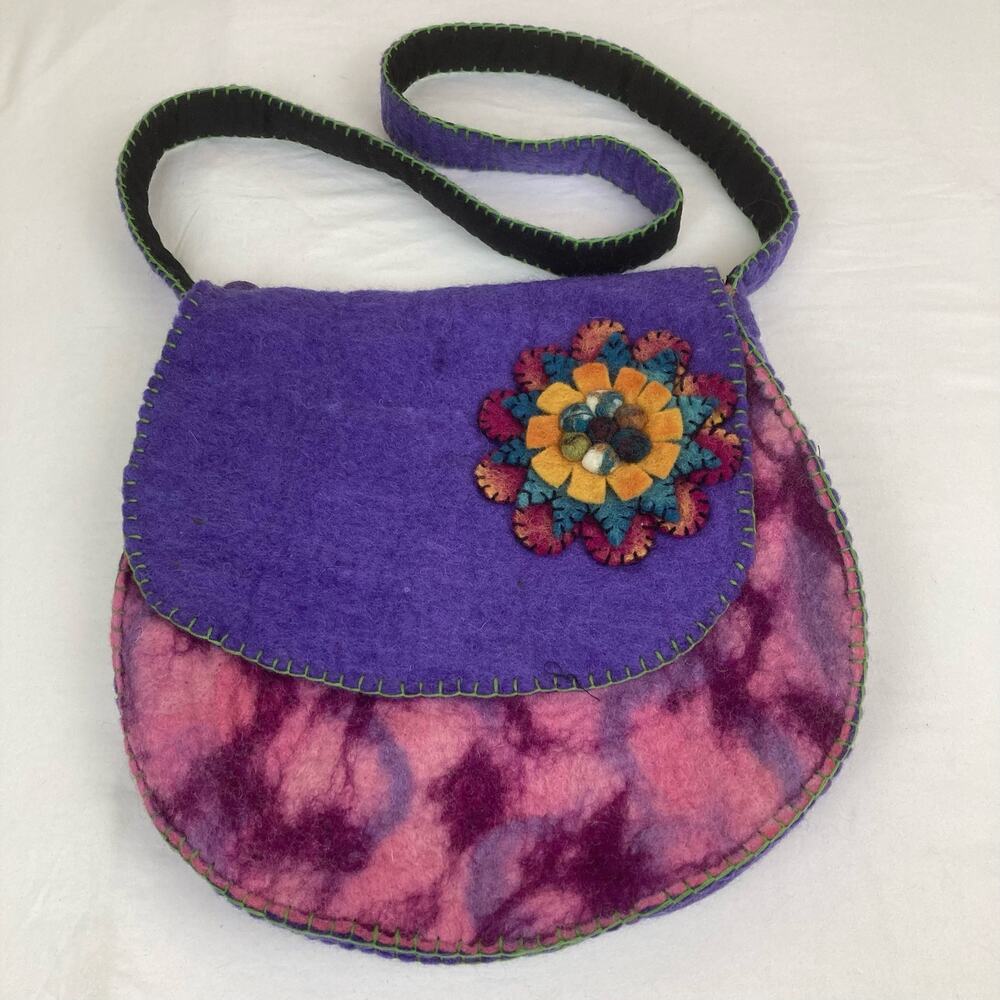 Safal Crafts Crossbody Bag Wool Felt Flower Purple Pink Pom Balls Nepal Fairy